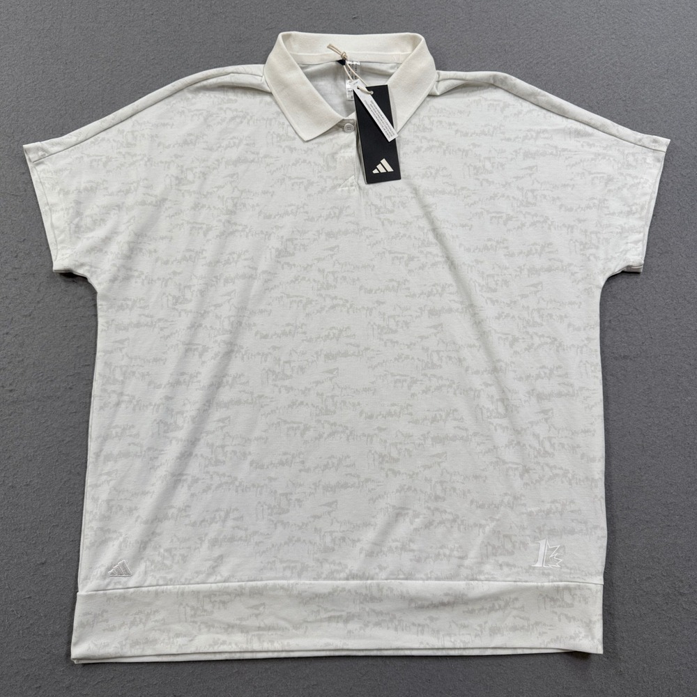 NEW Adidas Polo Shirt Women's Large White Go-To Print Short Sleeve Athleisure
